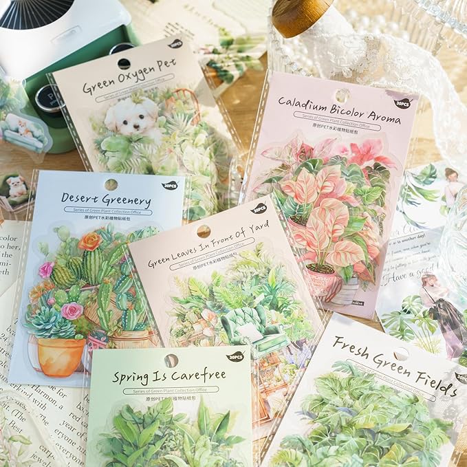 Yoksas 180Pcs Nature Green Potted Plants Stickers - Waterproof Aesthetic Botanical Scrapbook Craft Decorative Stickers for Junk Bullet Journals, Planners, Collage Album