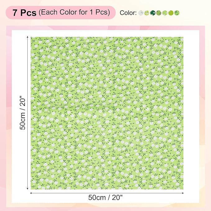 PATIKIL Cotton Fabric Bundles, 7 Pcs 20 x 20 Inch Pure Cotton Fat Quarter Floral Printed Precut Fabric Squares for Sewing Patchwork Quilting DIY Crafts, Green
