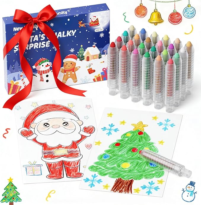 NewFamily Christmas Chalk Set for Kids(24 Pcs) – Washable Non-Toxic Colored Chalk with Coloring Sheets, for Chalkboard Blackboard Art, Creative Holiday Gift for Kids