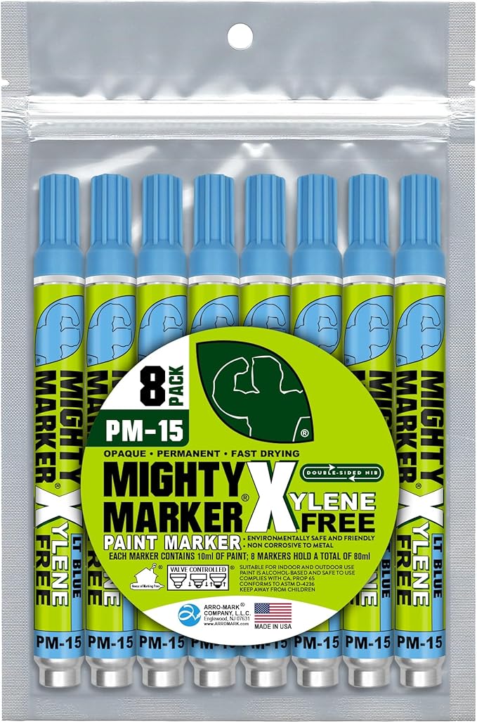PM-15, Eco-Friendly Paint Marker, Alcohol-Based & Xylene-Free, Waterproof & Permanent, 10ml, 2.3mm Tip, 8 Bonus Tips, Made in USA, Lt. Blue 8 Pack
