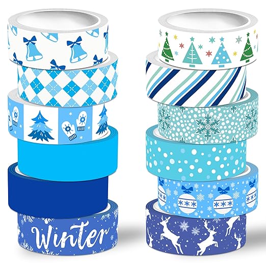 Winter Washi Tape Set,12 Rolls Blue White Holiday Decorative Tape Snowflake Xmas Tree Bell Reindeer Masking Tape for Journaling Supplies,Journal,Scrapbooking,DIY Arts & Crafts, Gift Wrapping