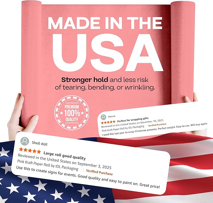 12" x 1200" (100 feet) Pink Kraft Paper Roll - USA-Made Quality Craft Paper for Gift Wrapping, Kids' Arts & Crafts, School Projects - 100% Recycled Natural Material 50lb Thickness by IDL Packaging