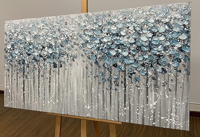 Yotree Paintings - 30x60 Inch 3D Oil Paintings on Canvas Blue Forest Heavy Texture Acrylic Painting Wall Art Wall Decoration Wood Inside Framed Hanging Ready to Hang