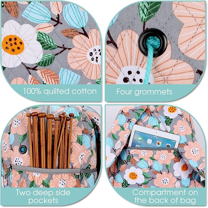 Yarn Storage Organizer Knitting Bag Backpack - Large Size with Grommets, Portable for Yarn Skeins, Crochet Hooks, Knitting Needles and Other Accessories (Flower-Grey)