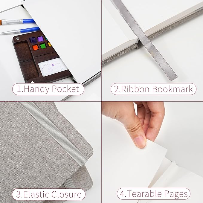 Vienrose Watercolor Sketchbook, 5.5"x8.2" Watercolor Journal with 24 Sheets 140 LB (300 GSM) Cotton Watercolor Paper, Grey Linen Cover Watercolcr Sketch Book As Travel Notebook Mixed Media Pad