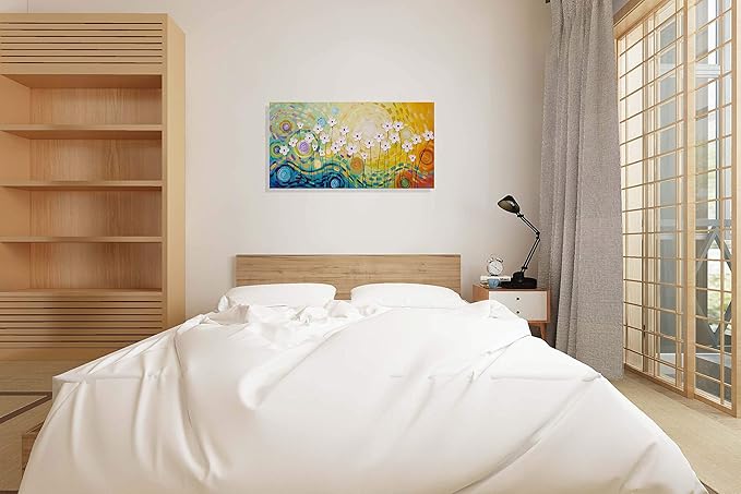 Yihui Arts Hand Painted Textured Floral Oil Painting on Canvas, Vibrant Abstract White Flower Wall Art with Colorful Swirls, Modern Home Decor for Living Room Bedroom