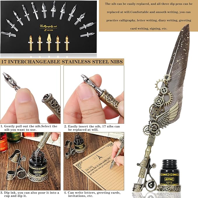 Quill Pen Ink Set, With Quill Pen, Wooden Dip Pen, Glass Dip Pen, 6 Bottles Ink, 16 Letter Paper, 2 Envelopes, 17 Nibs, Pen Holder,2 Bottles Fire Lacquer Wax, Stamp, Spoon, White Wax, Cup(Grey)