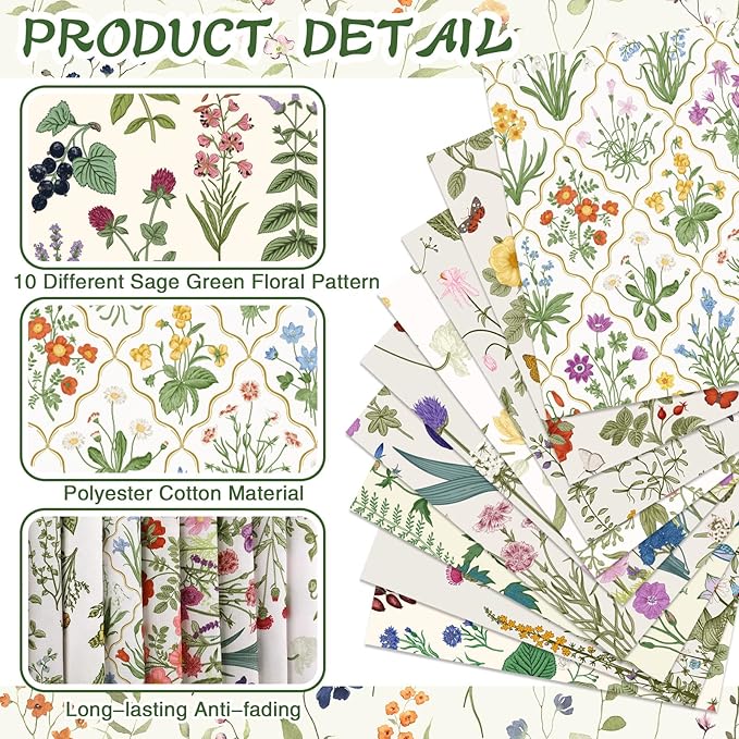 Hahafelt 10 Pcs Spring Wildflower Floral Fat Quilting Fabric Bundle 20 x 20 Inch Fabric Square Pastel Flower Quarters by The Yard Patchwork Precuts Supplies for Spring Summer DIY Sewing Craft