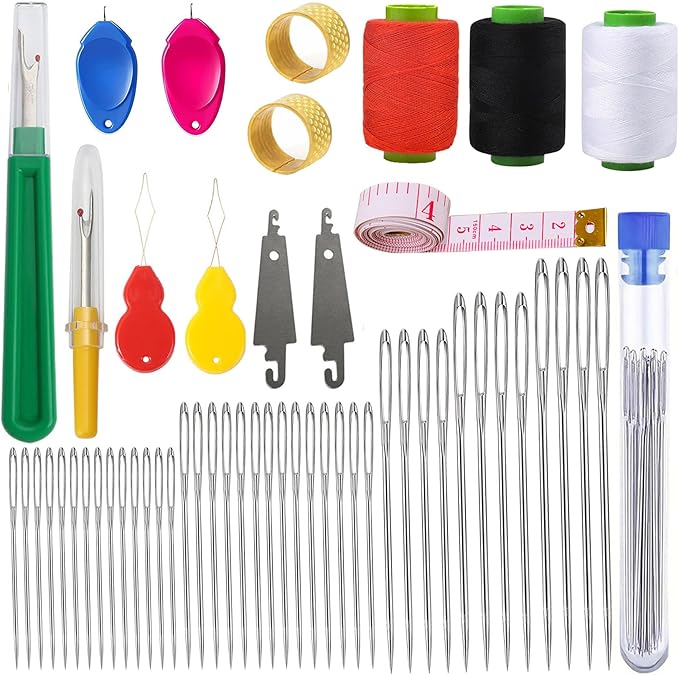54PCS Big Eye Sewing Needles Kit 5 Size Stainless Steel Needles for Hand Sewing Kit Embroidery Yarn Knitting Steel Needle Set with Threads,Needle Threaders,Seam Ripper,Tape Measure,Thimble