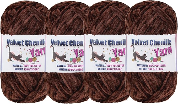 4 * 100g Fluffy Velvet Chenille Yarn for Crocheting and Knitting, Handcrafts Weaving Soft Chenille Yarn for Crocheting Clearance, Used for Making Baby Yarn Blanket, Clothes, DIY Craft (Coffee Brown)