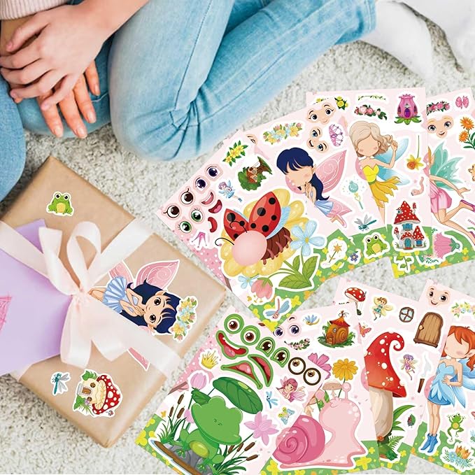 24 PCS Fairy Stickers for Kids, Make a Face Sticker with 8 Unique Designs Fairy, Frog, Mushroom, Make Your Own Stickers for Girls Birthday Party Favors, Goodie Bags, DIY Crafts