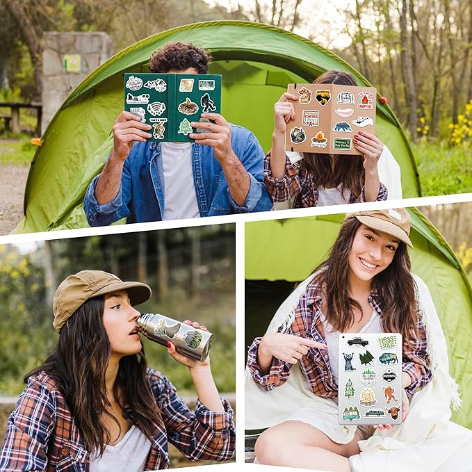 100 Pcs Outdoor Adventure Hiking Camping Adults Stickers for Water Bottle, Waterproof Vinyl Wilderness Nature Travel Wildlife Laptop Decals, Summer Camp Sticker for Teens Girls Boys Kids