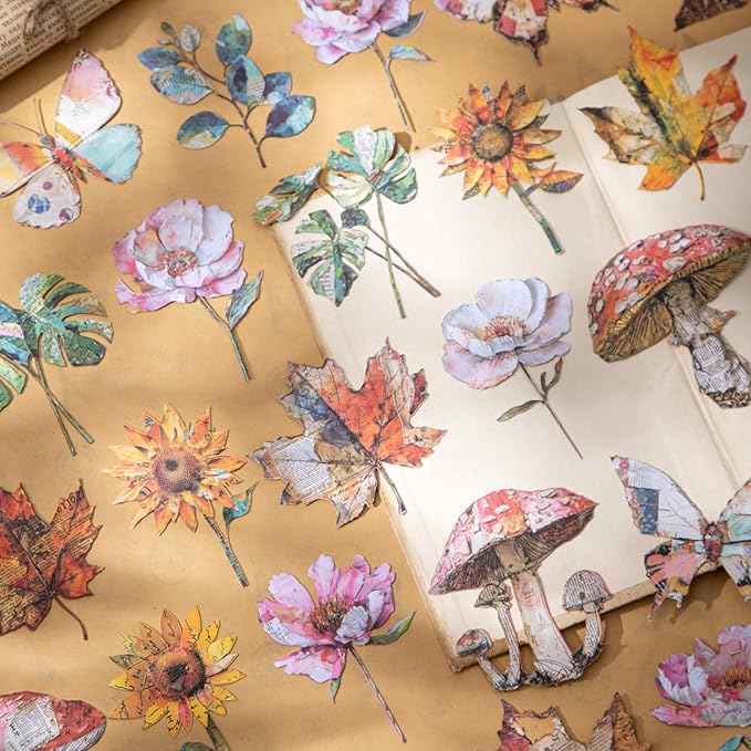 60 PCS Vintage Hard Card Flower Leaf Mushroom Butterfly Stickers, Aesthetic Decorative 3D Simulation Scrapbook Stickers for DIY Diary Junk Journal Handbook Journaling Scrapbooking Supplies Kit
