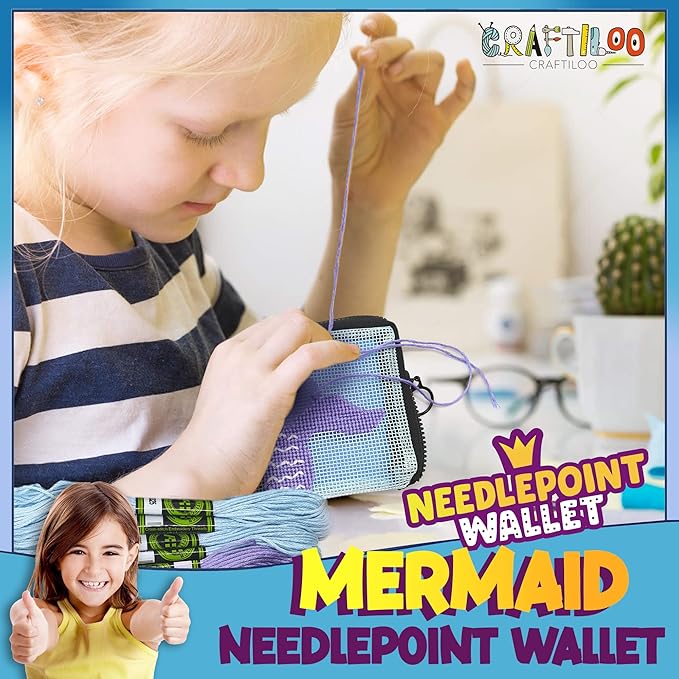 Pre Printed Needlepoint Wallet Kit for Kids Embroidery Arts and Crafts Set Cross Stitch Sewing Kit (Mermaid)