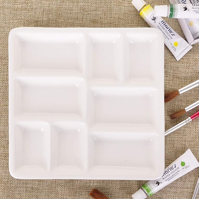 VanEnjoy White Square Ceramic Artist Paint Palette,Porcelain Watercolor Palette,Ceramic Mixing Tray for Watercolor Gouache Painting