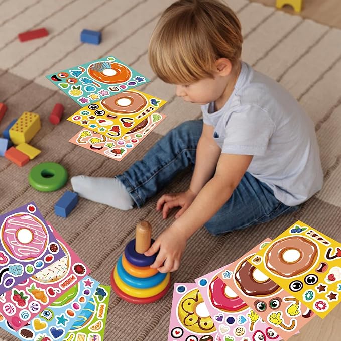 DUJAA 27 Sheets Donut Stickers for Kids, DIY Art Crafts, Make Your Own Donut Stickers, Mix and Match Sweets and Treats Fruit, Birthday Gifts, Teacher Reward