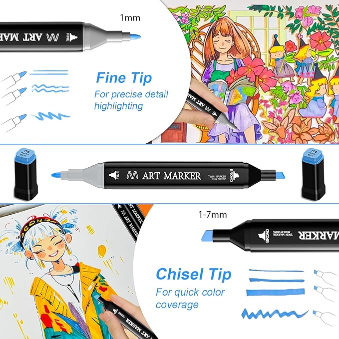 Alcohol Markers, 48 Colors Dual Tip Art Markers Set for Kids Adult Coloring, Sketching Drawing Permanent Coloring Marker, Alcohol Based Marker Artist Pens With Carry Case (48)