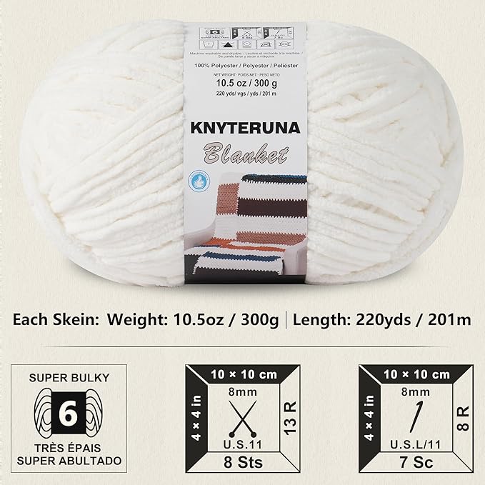 #6 Super Bulky Blanket Yarn for Crocheting - 4 Skeins(Each 10.5oz/300g, 220yds/201m), Chunky Chenille Thick Plush Big Soft Yarn for Crocheting Knitting Blankets, Cream