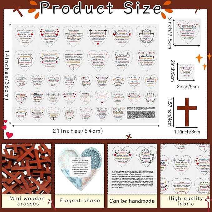 Pocket Prayer Quilt Panel Squares with Small Wooden Crosses Mini Scripture Pocket Prayer Quilt for Friend Family Religious Spiritual Gift Easter Reward Gift(Heart1,Brown)