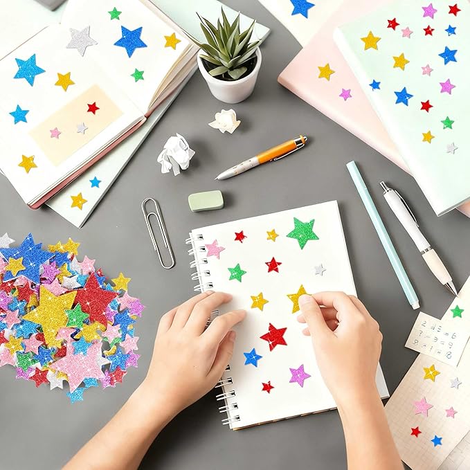 1376Pcs Foam Star Stickers,Glitter Foam Stickers Small Large Star Shape Sticker Self Adhesive,8Sheets Colorful Sticker for Kids Reward Arts Crafts Supplies Scrapbook Christmas Decor(8,Multicolor)