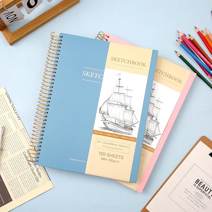 2 Pack Hardcover Sketchbook for Drawing 120 Sheets Spiral Bound 9 x 12 Sketch Pad Premium Art Sketchbook Artistic Drawing Painting Writing (68lb/100gsm) for Kids Adults Beginners Artists, Pink+Blue