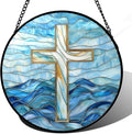 Christian Gifts for Women - Blue Cross Stained Glass Window Hanging Jesus Easter Ocean Waves Sun Catcher Garden Religion Decor Mother's Day Catholic Gift for Men Grandma Mom Her Nana 9.8"