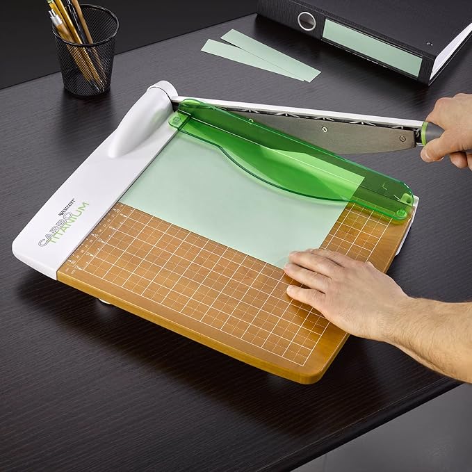 Westcott 16717 12-Inch CarboTitanium Wood Base Guillotine Paper Cutter, Multi-Paper Trimmer with 30 Sheet Capacity
