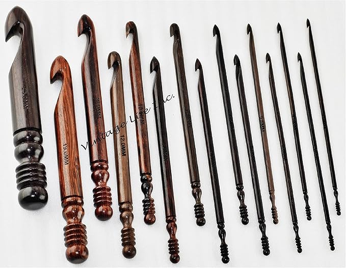 DnU Avenue Rosewood Set of 15 Ergonomic Crochet Hooks 3.5 MM to 25 MM, Wooden Yarn Crochet Hooks for Arthritic Hands, Knitting & Crochet Hook Organizer, Soft Grip, Wood Finish, Brown (Only Hooks).