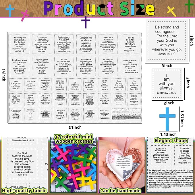 Pocket Prayer Quilt Panel Squares with Small Wooden Crosses Mini Scripture Pocket Prayer Quilt for Friend Family Religious Spiritual Gift Easter Reward Gift(Scripture,Colorful)