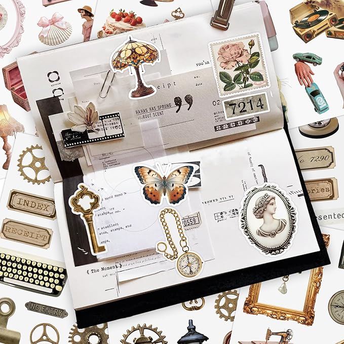Vintage Sticker Book with 30 Pages and 300+ Aesthetic Stickers for Scrapbooking Supplies and Retro Bullet Journal