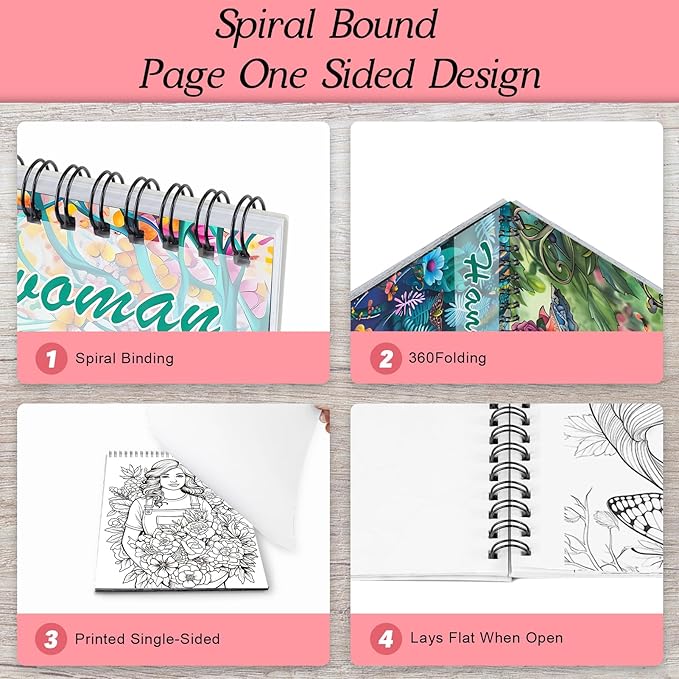Anxiety Coloring Book for Adults, Coloring Book for Adults Relaxation, 24 Pages Coloring Books for Women Stress Relief, Spiral Bound Page Printed Single-Sided, Mindfulness Gifts for Women to Relax