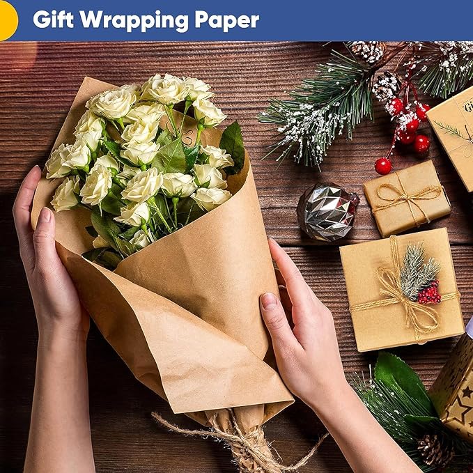 Vanhench Brown Wrapping Paper Roll 36"x 2400" (200'), Bulletin Board Paper Kraft/Craft Paper, Birthday Valentines Bouquet Flower Gift Packing Art Poster Crafting Moving Shipping Supplies, 70GSM 55LB