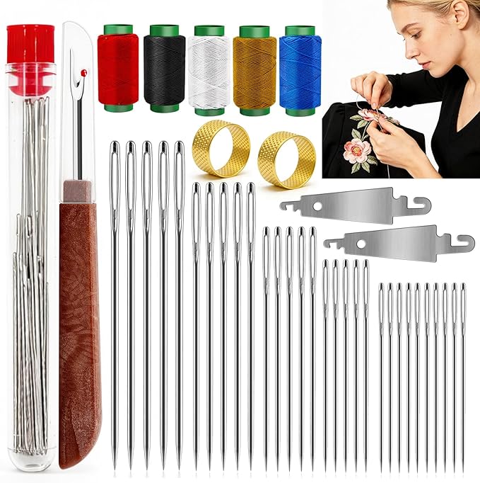 JUNCHONG Sewing Set 41Pcs Sewing Tool Set, Big Eye Steel Sewing Needles Kit with 30 Needles & Seam Ripper, Beginner Sewing Work Set