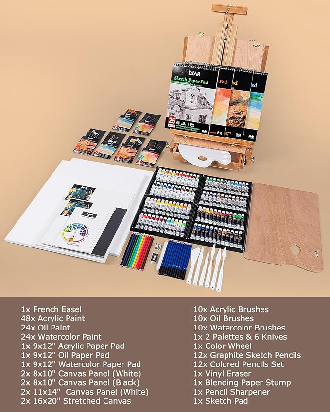 DJAR 169pcs Art Painting Set with French Easel, All-in-One Artist Painting Kit for Beginners, Professionals, Acrylic, Watercolor, Oil & Sketch Kit