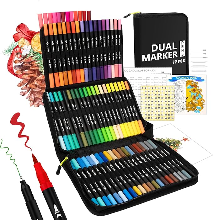 Markers for Adult Coloring Books No Bleeding, 72 Colors Dual Tip Coloring Markers for Adults, Brush&Fine Tip Art Supplies for Calligraphy, Journaling, Sketching, Christmas Gifts for Teens with Case