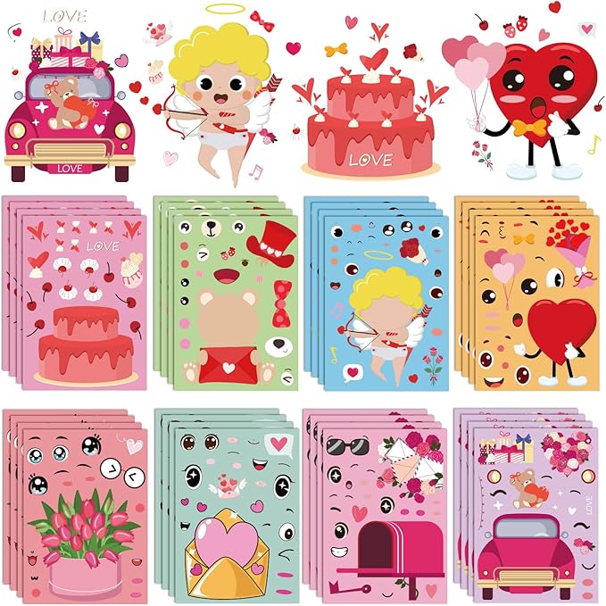 XZENTIRA 32 PCS Valentines Day DIY Stickers 8 Designs Holiday Stickers for DIY Valentines Day Crafts Party Gifts Galentines Decorations