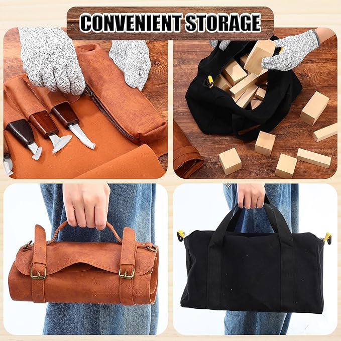 Therwen 45pcs Wood Carving Kit Included 16 Whittling Knife Chisel Set with Leather Storage Bag, 24 Basswood Carving Blocks, Wood Whittling Tool for Beginners Enthusiasts Craft Gift for Christmas