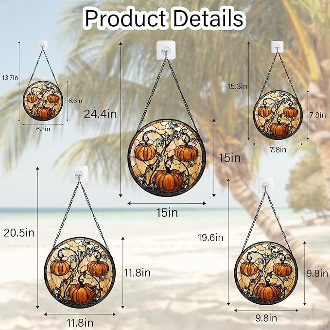 Stained Glass Window Hanging - Halloween Decoration Orange Pumpkin Vine Leaves Suncatcher for Door Garden Spooky Sun Catchers Gothic Decor Horror Gifts for Women Men Friend Boy Girl 6.3 in