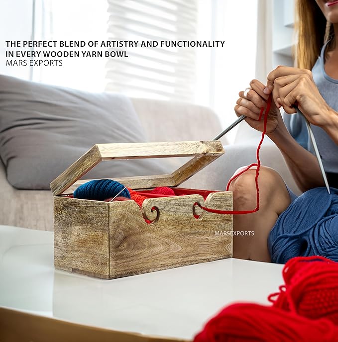 Wooden Yarn Bowl, Square Shape 2 in One Yarn Ball Holder, Craft Knitting Bowl Holder for Crocheting and Knitting, Wool/String Storage Accessory (12"x 6"x 6")