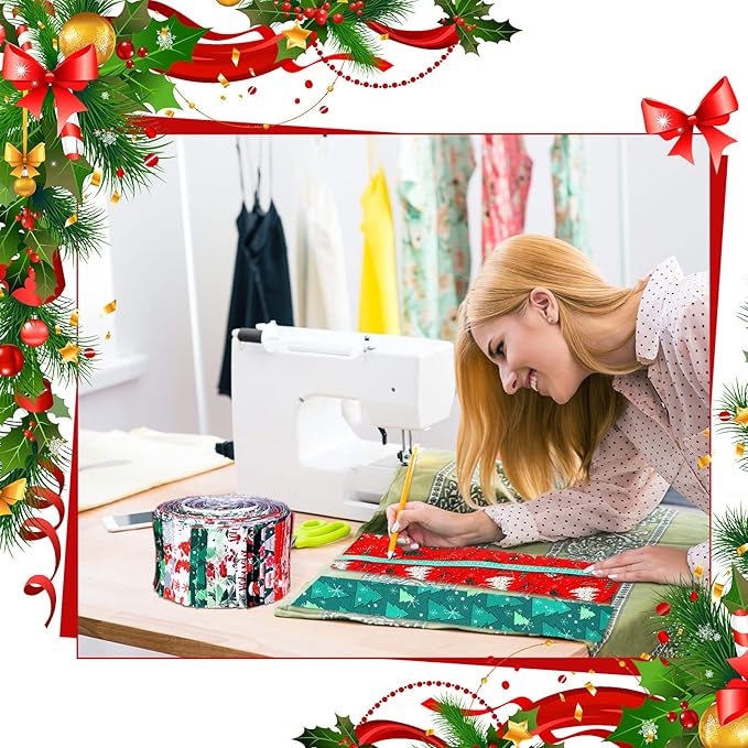 Tegeme 40 Pcs Christmas Jelly Fabric for Quilting Strips, 2.55 Inch Xmas roll, Red and Green Precut Fabric Patchwork Rolls for Quilting and Sewing DIY Crafts (Vivid Style)
