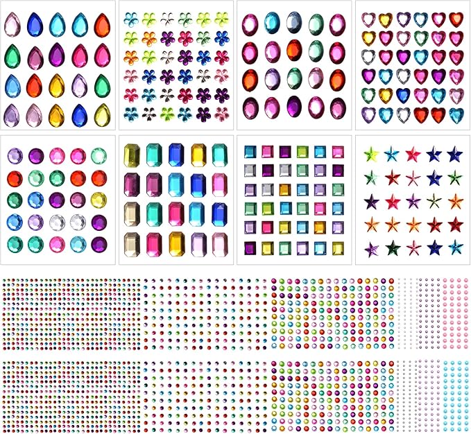 2102pcs Gems Stickers, Self Adhesive Gems for Crafts Bling Rhinestones for Crafts, Assorted Shapes Jewels Rhinestones Stickers, Muticolor