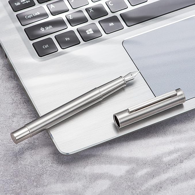 Hongdian 1861 Stainless Steel Fountain Pen Extra Fine Nib, Classic Design Smooth Writing Pen with Converter and Metal Pen Case Set