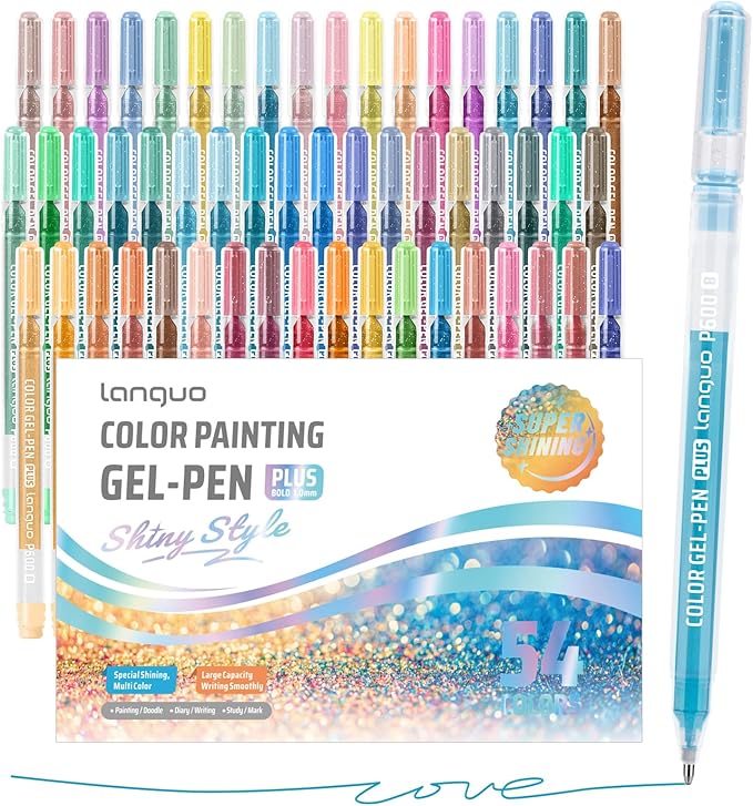 Glitter Gel Pens, 54 Pack Colored Pens for Black Paper & White Paper, 1.0mm Point Pens, Large Capacity Ink Pens for Coloring, Writing, Drawing, Journaling, Note Taking, Office, Home