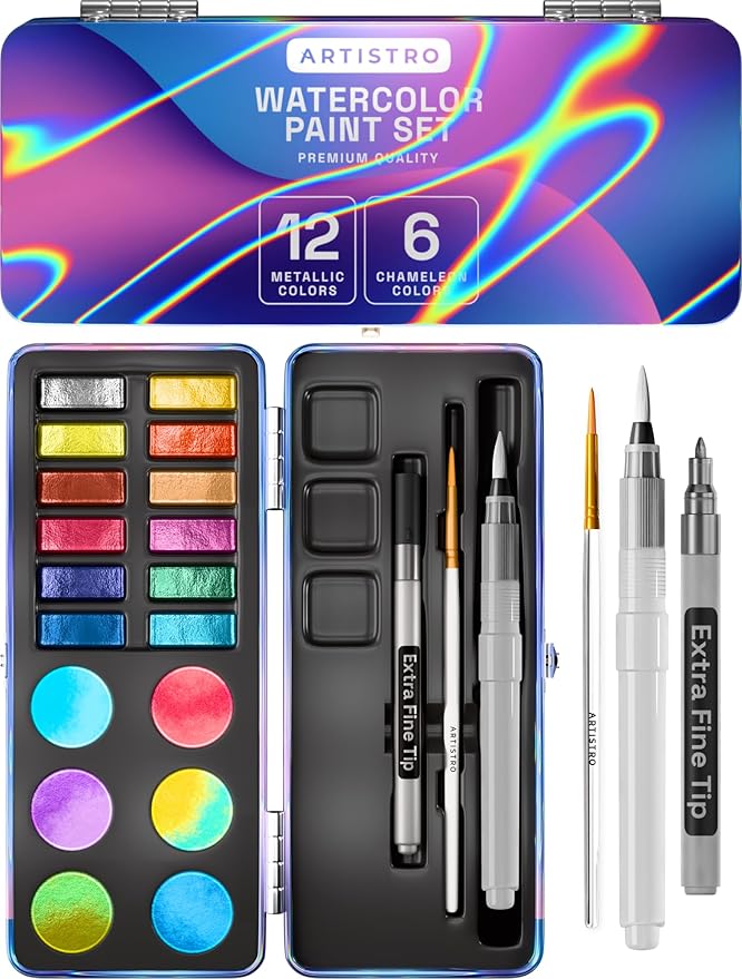 ARTISTRO Metallic Watercolor Paints Set of 18, Palette set Including 12 Metallic Glitter Watercolor and 6 Chameleon Colors. Perfect Travel Watercolor Set for Artists, Amateur Hobbyists and Painting Lovers