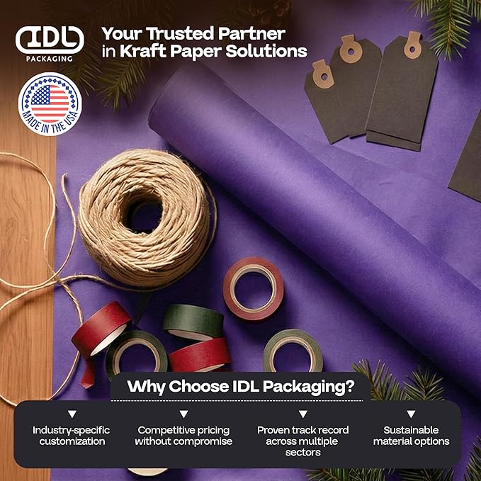 12" x 1200" (100 feet) Purple Kraft Paper Roll - USA-Made Quality Craft Paper for Gift Wrapping, Kids' Arts & Crafts, School Projects - 100% Recycled Natural Material 50lb Thickness by IDL Packaging