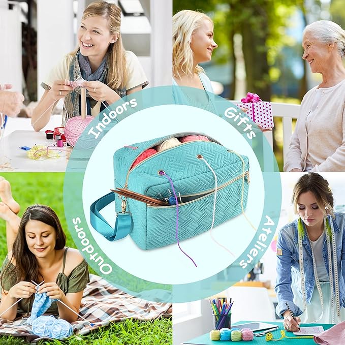 Crochet Bag Organizer, Yarn Storage Organizer, Yarn Holder for Crochet with Adjustable Shoulder Straps, Knitting Bag for crocheting, Crochet Hook Case Gifts for Crocheters (Blue)