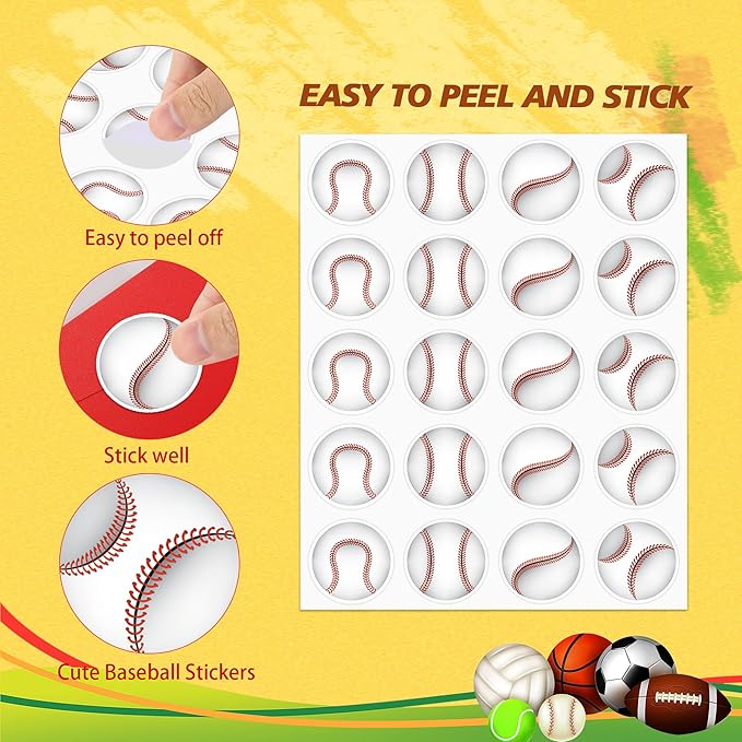 600 PCS Baseball Stickers for Kids, Baseball Stickers Sports Ball Theme Decals Sticker for Craft Scrapbooks Envelope Gift Classroom Teacher Baseballs Birthday Party Decor, 1.5 Inch