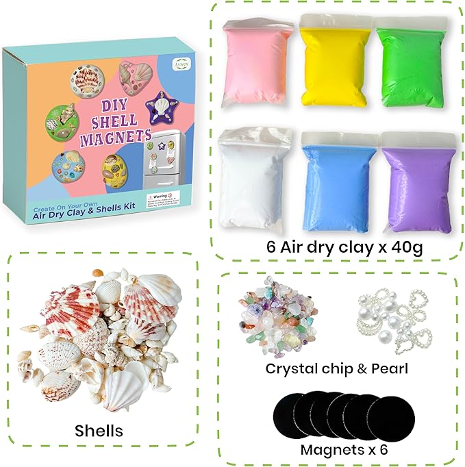 Lywex DIY Clay Magnet Kit, Air Dry Clay for Kids, Ultra Light & Soft, Safe & Non-Toxic, Fridge Magnets Making Kit with Shells, Pearls, Art Craft Gifts for Boys Girls