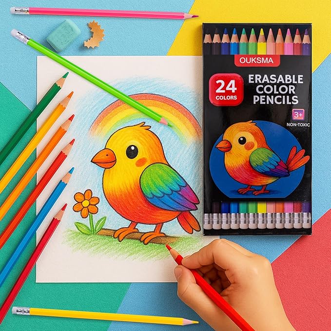 Pre-Sharpened Erasable Colored Pencils, Color Pencils with Erasers for Drawing, Sketching & Coloring, Art Supplies (24 Colors)