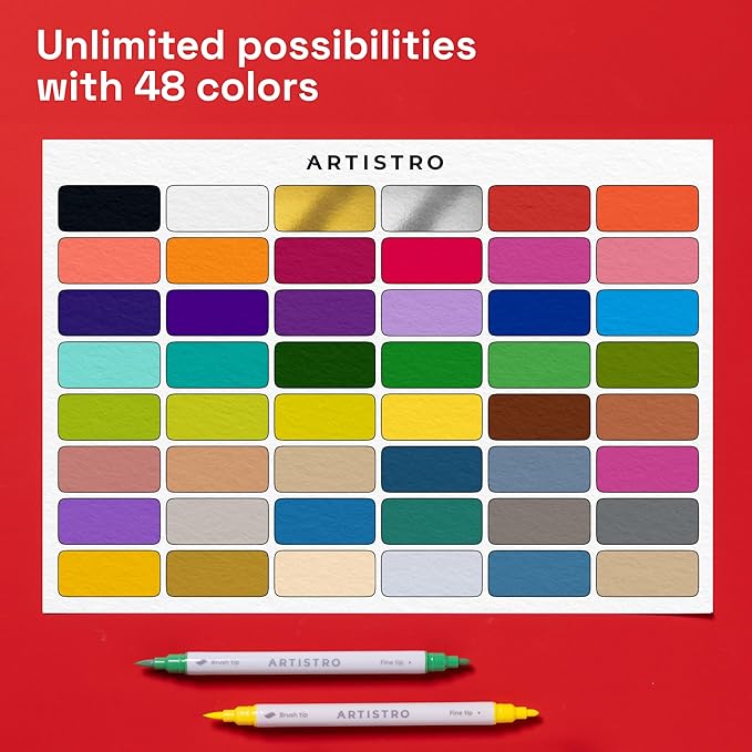 ARTISTRO 48 Acrylic Paint Markers - Paint Pens Dual Tip Brush + Fine Ideal for Calligraphy - Perfect for Fabric, Rock, Glass, Wood, DIY - Art Supplies, Stocking Stuffers, Christmas Gift Idea